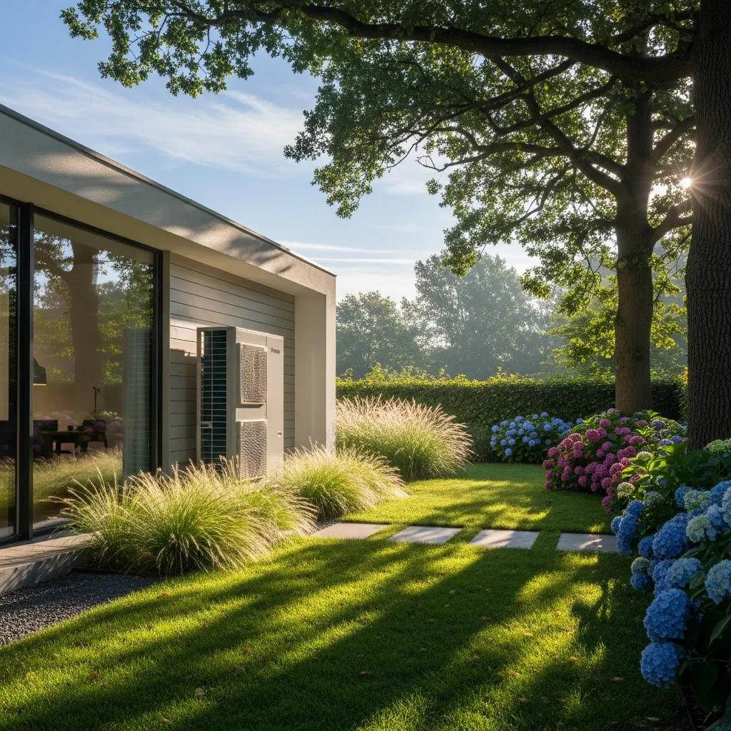 Modern home featuring an outdoor heat pump system in a sunny garden setting