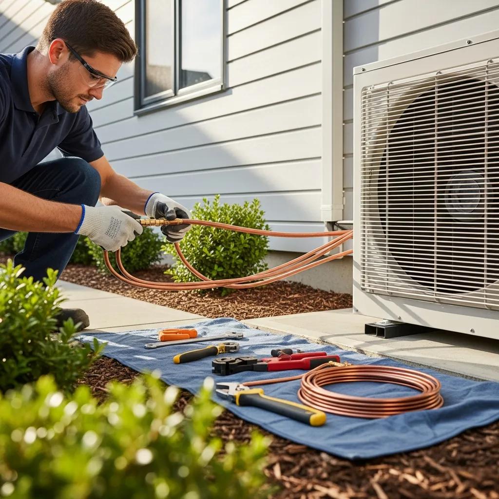 Technician installing a heat pump indoors following professional best practices